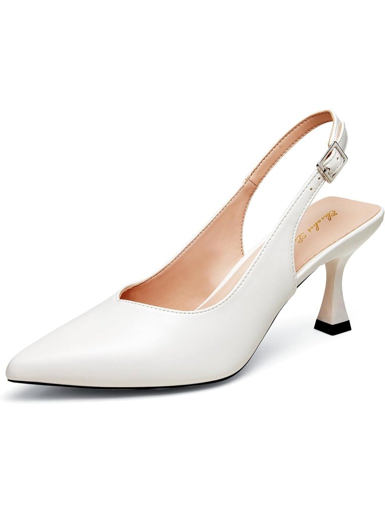 Women's White Kitten Heel Slingback Low 3 Inches Stiletto Pointed Toe Elegant